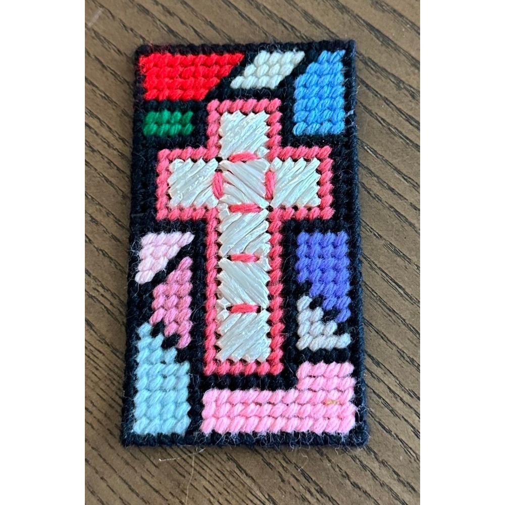 Handmade Needlepoint Cross Patch Stained Glass Mosaic Religious Fiber Art Small